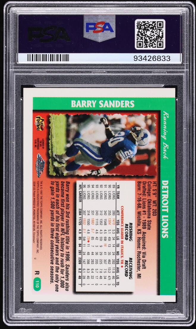 1997 Topps Chrome Refractor Barry Sanders #110 PSA 9 MINT - Photo 2