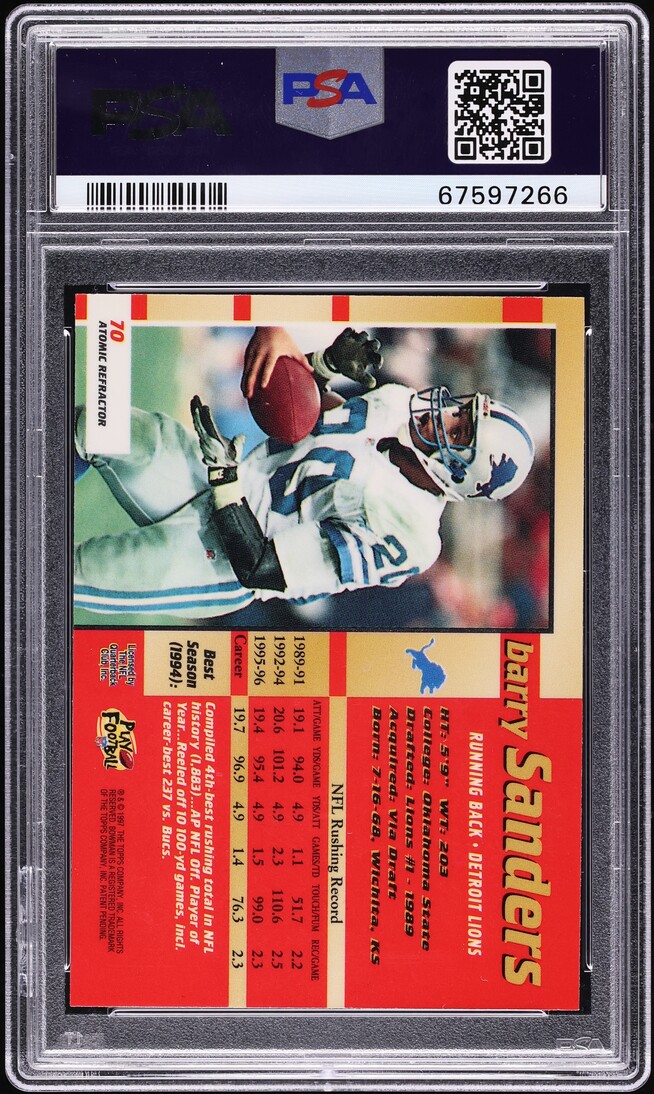 1997 Bowman's Best Atomic Refractor Barry Sanders #70 PSA 9 MINT - Photo 2