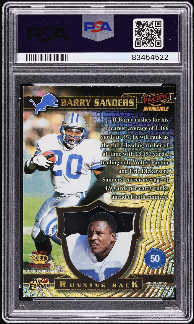1997 Pacific Invincible Platinum Blue Barry Sanders #50 PSA 9 MINT - Photo 2
