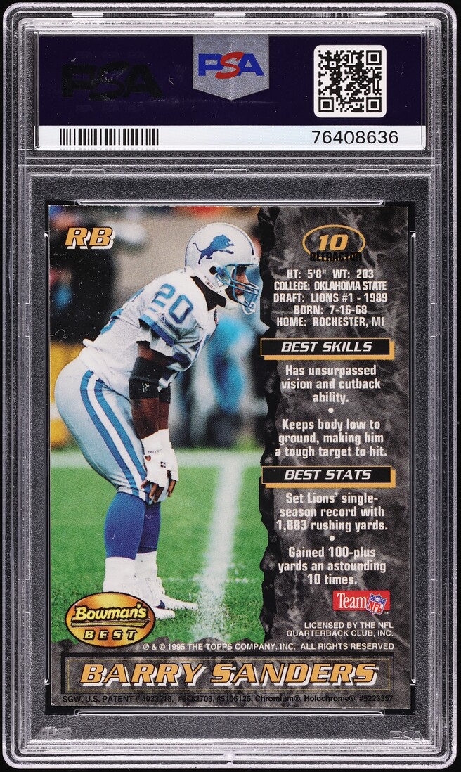 1995 Bowman's Best Black Refractor Barry Sanders #10 PSA 9 MINT - Photo 2