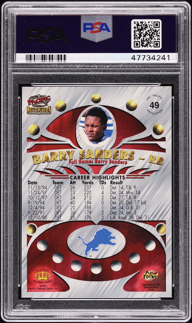 1997 Pacific Revolution Copper Barry Sanders #49 PSA 8 NM-MT - Photo 2
