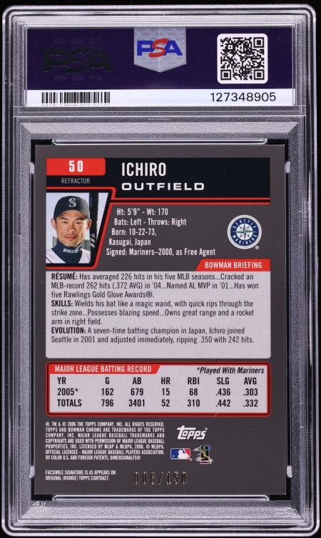 2006 Bowman Chrome Blue Refractor Ichiro /150 #50 PSA 9 MINT - Photo 2