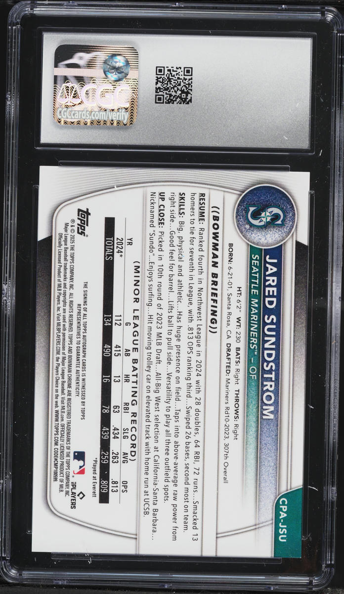 2025 Bowman Chrome Jared Sundstrom PROSPECT AUTO #CPA-JSU CGC 10 GEM MINT