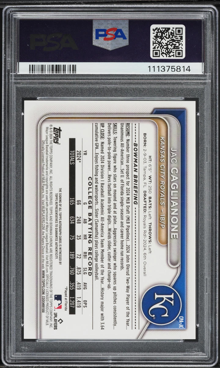 2024 Bowman Chrome Gold Shimmer Jac Caglianone PROSPECT AUTO /50 #CPAJC PSA 9