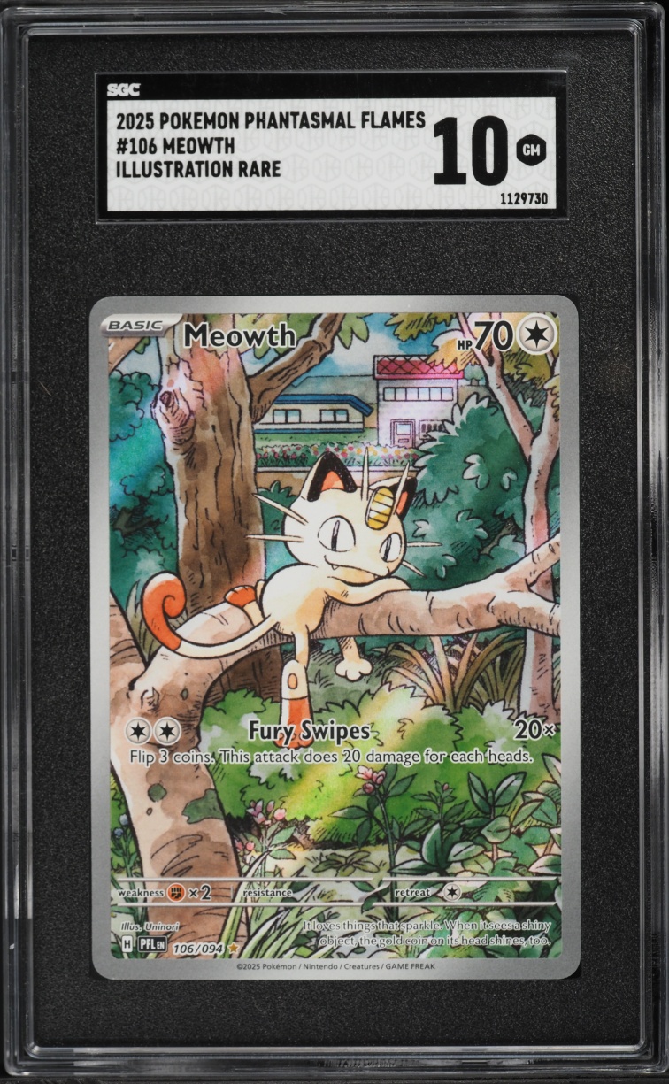 2025 Pokemon Mega Evolution Phantasmal Flames IR Meowth #106 SGC 10 GEM ...
