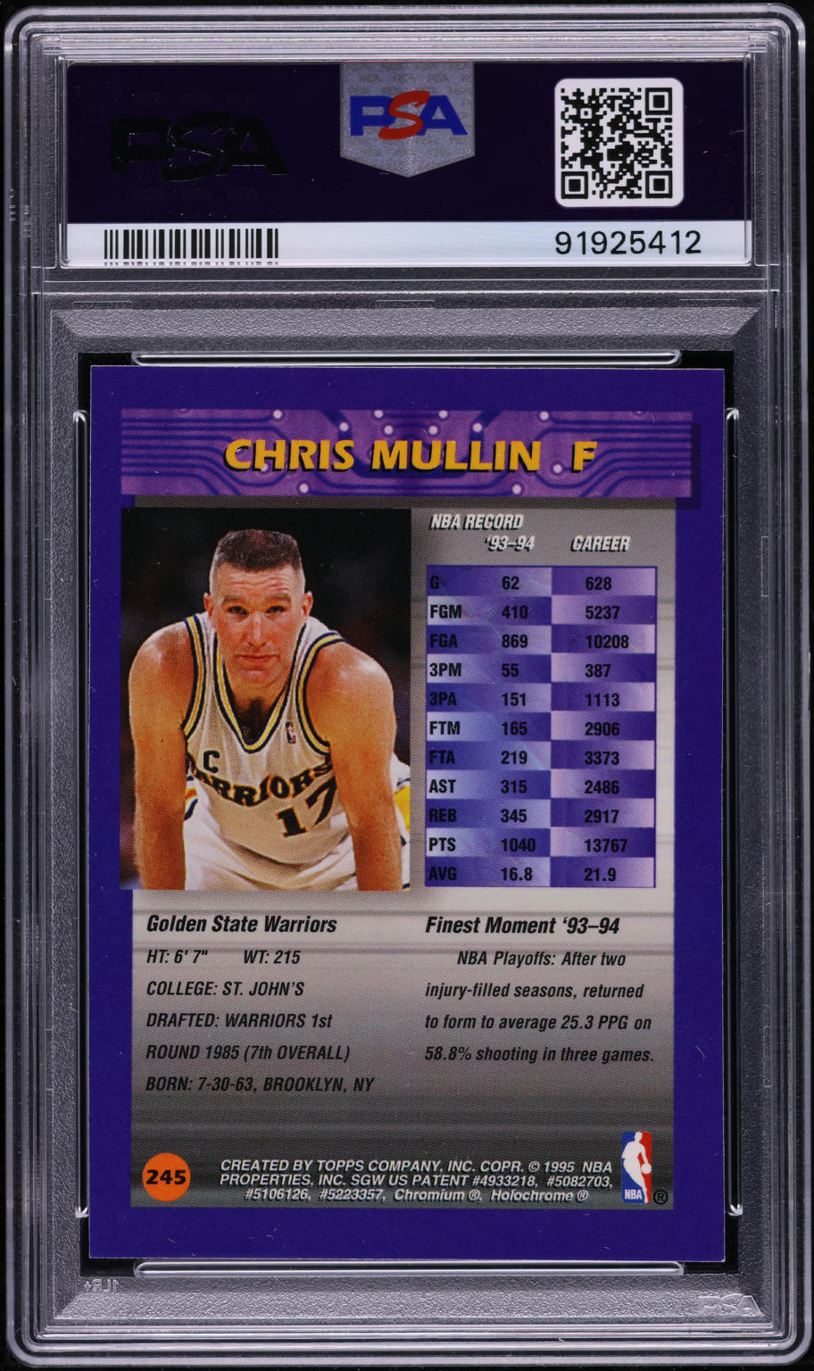 1994 Finest Refractor Chris Mullin #245 PSA 9 MINT