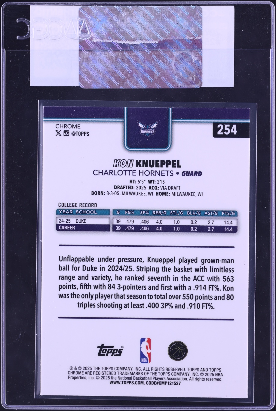 2025 Topps Chrome Kon Knueppel ROOKIE #254 CGC AUTH