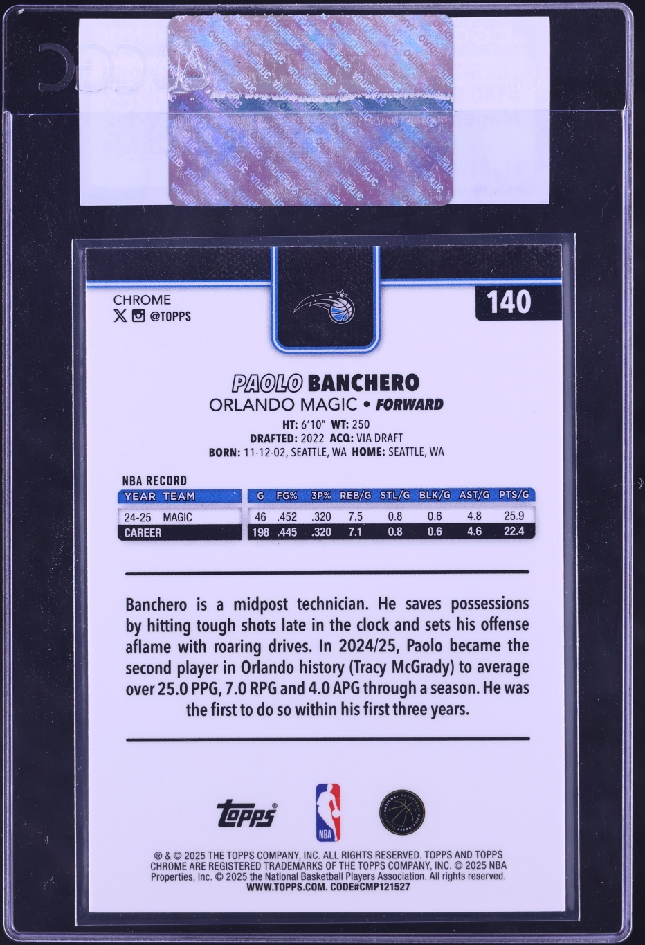 2025 Topps Chrome Magenta Refractor Paolo Banchero /399 #140 CGC AUTH