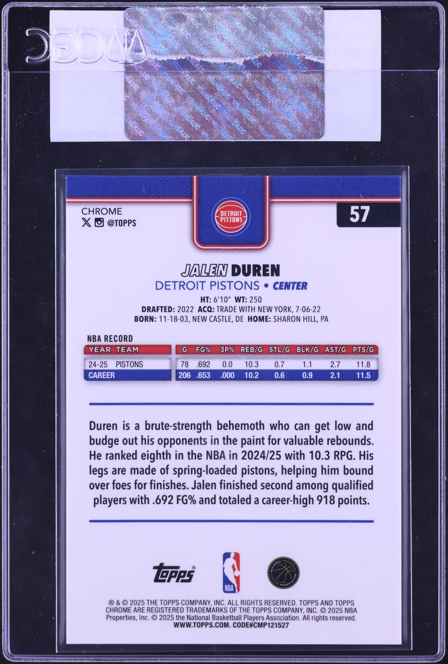 2025 Topps Chrome Blue Xfractor Jalen Duren #57 CGC AUTH