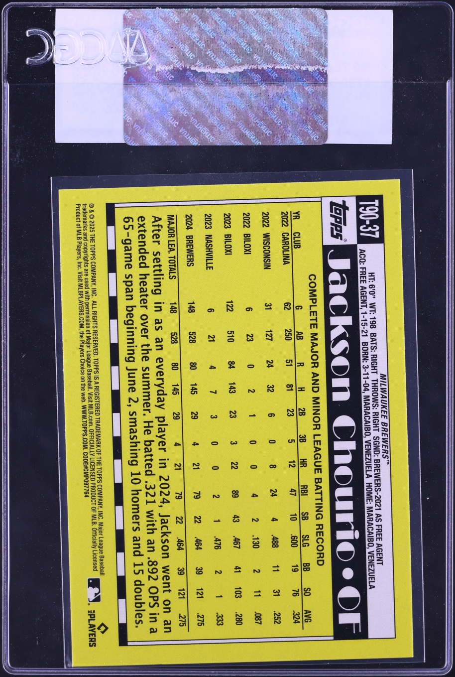 2025 Topps '90 Pink Jackson Chourio #T90-37 CGC AUTH