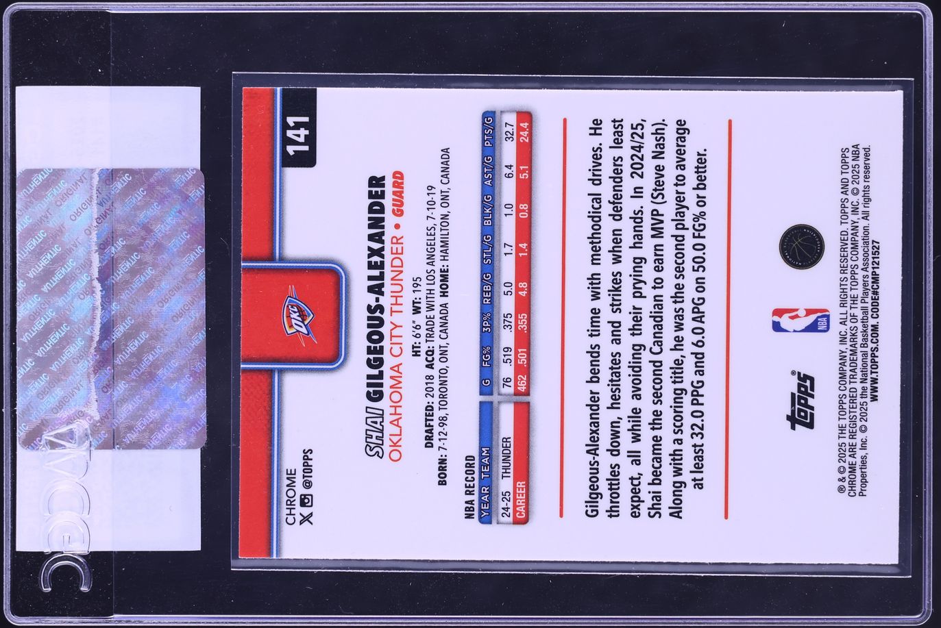 2025 Topps Chrome Shai Gilgeous-Alexander #141 CGC AUTH