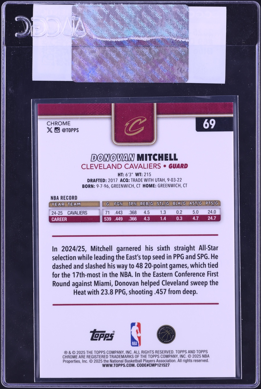 2025 Topps Chrome Blue Xfractor Donovan Mitchell #69 CGC AUTH