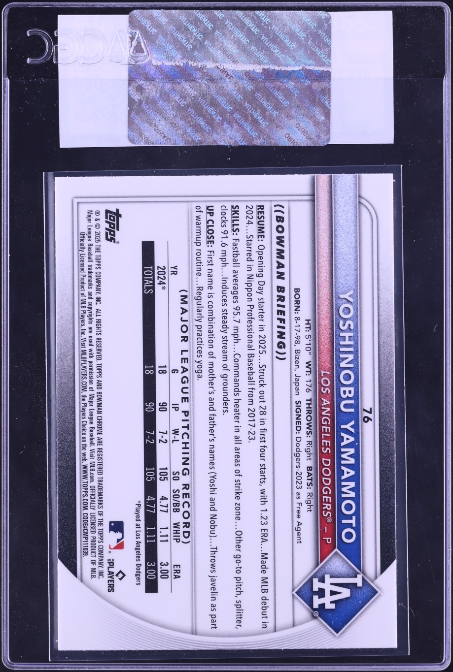 2025 Bowman Chrome Mega Box Yoshinobu Yamamoto #76 CGC AUTH