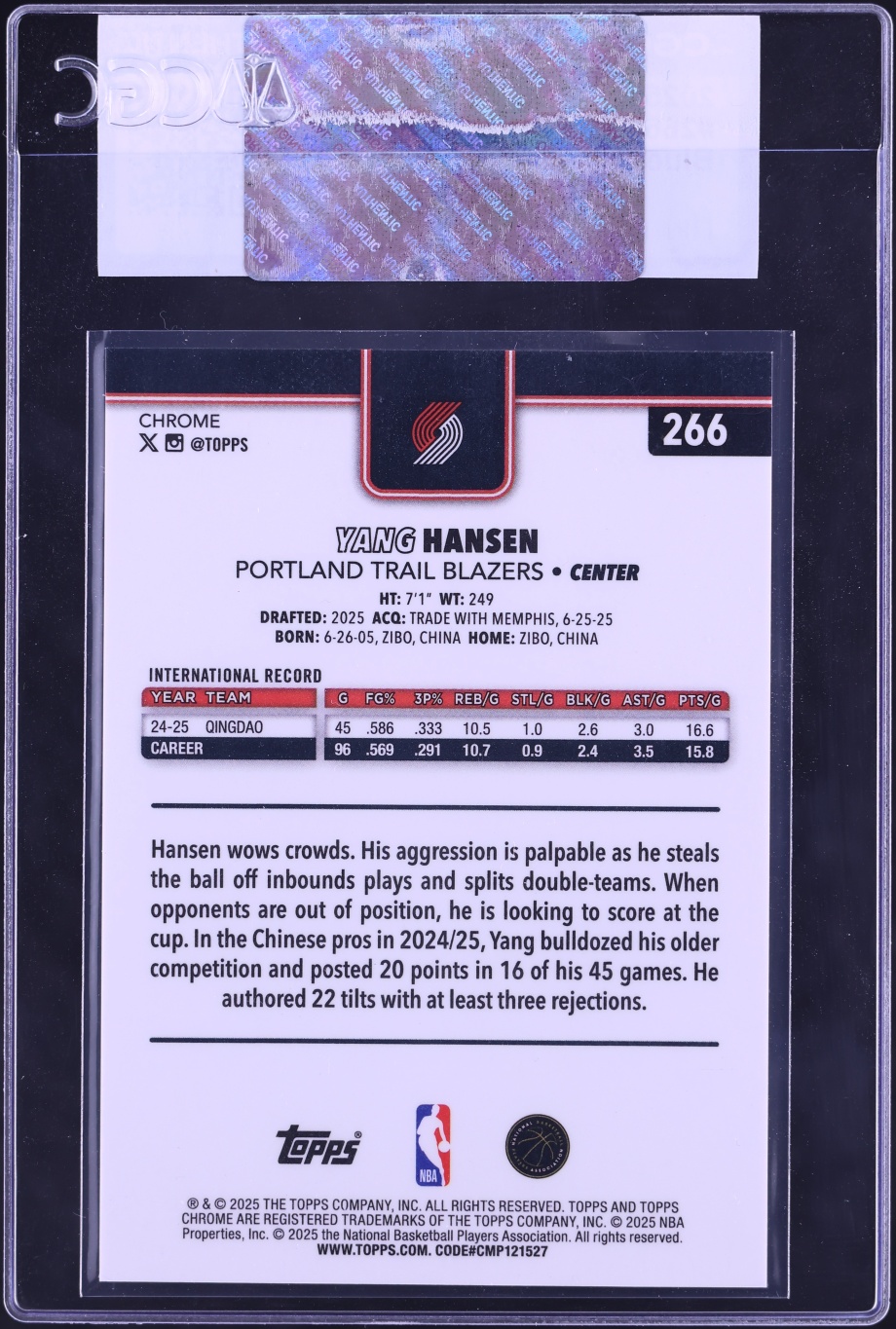 2025 Topps Chrome Blue Xfractor Yang Hansen ROOKIE #266 CGC AUTH