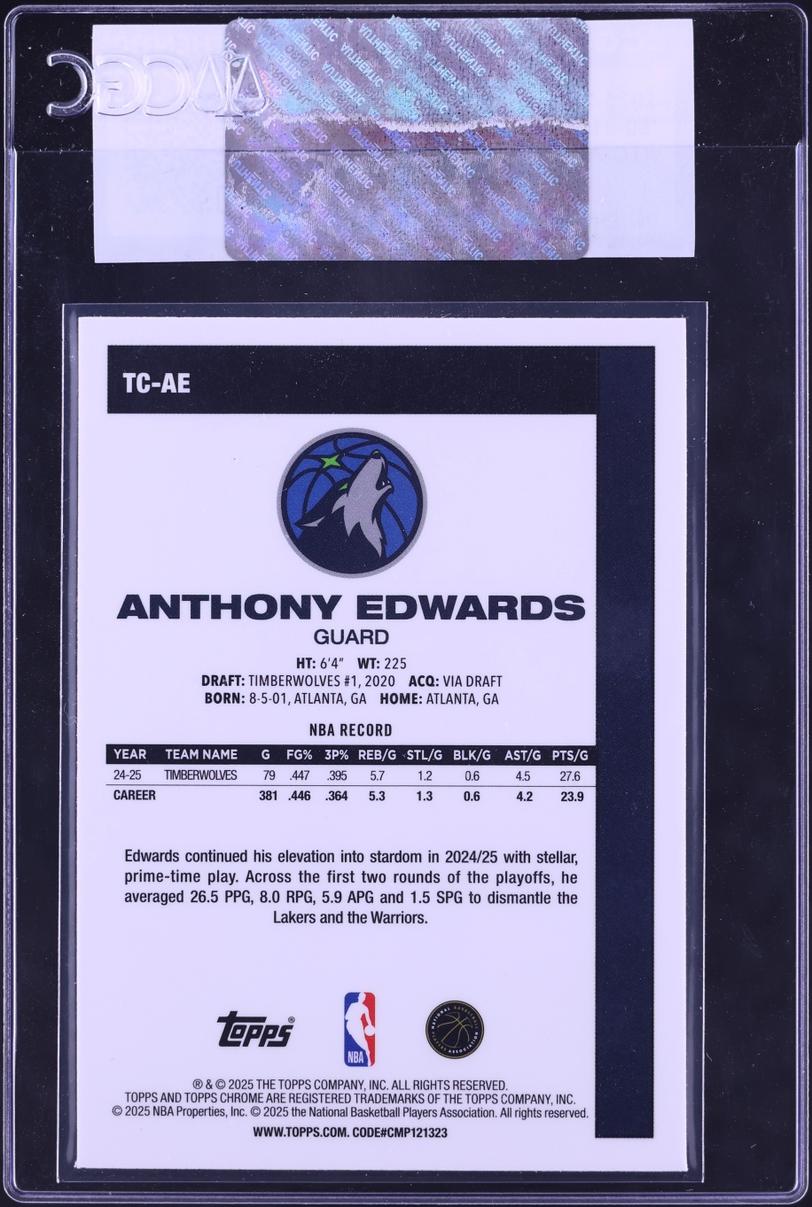 2025 Topps Chrome '80 Silver Pack Anthony Edwards #TC-AE CGC AUTH