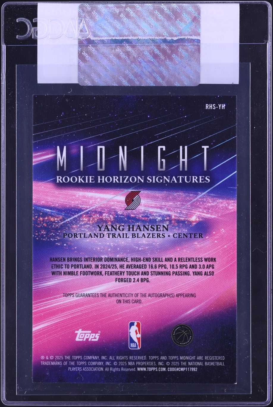 2025 Topps Midnight Horizon Signatures Yang Hansen ROOKIE AUTO #RHS-YH CGC AUTH