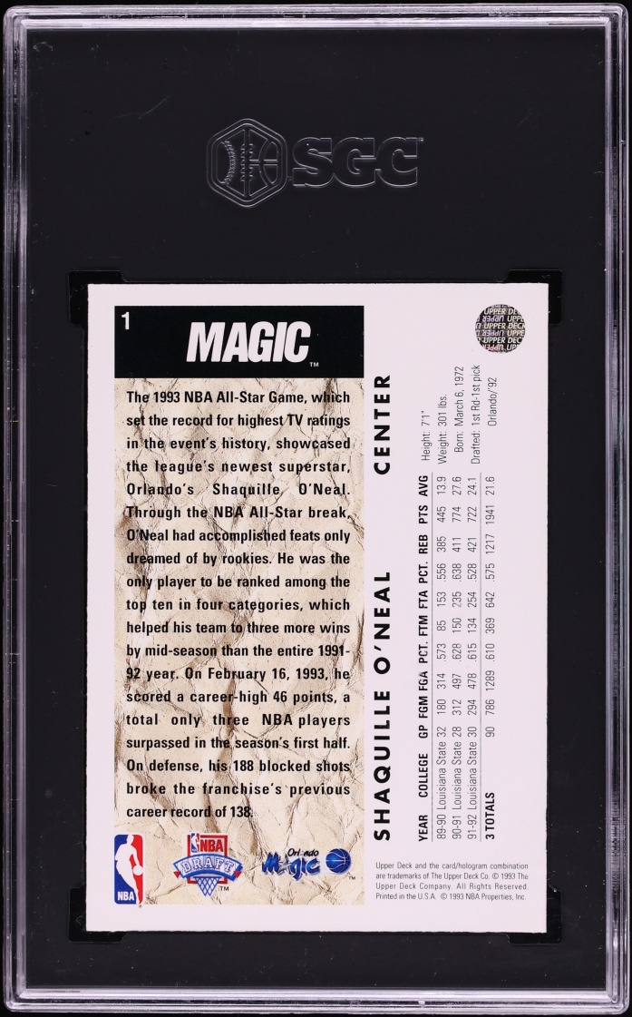 1992 Hoops Magic's All Rookie Team Shaquille O'Neal ROOKIE #1 SGC 6 EXMT