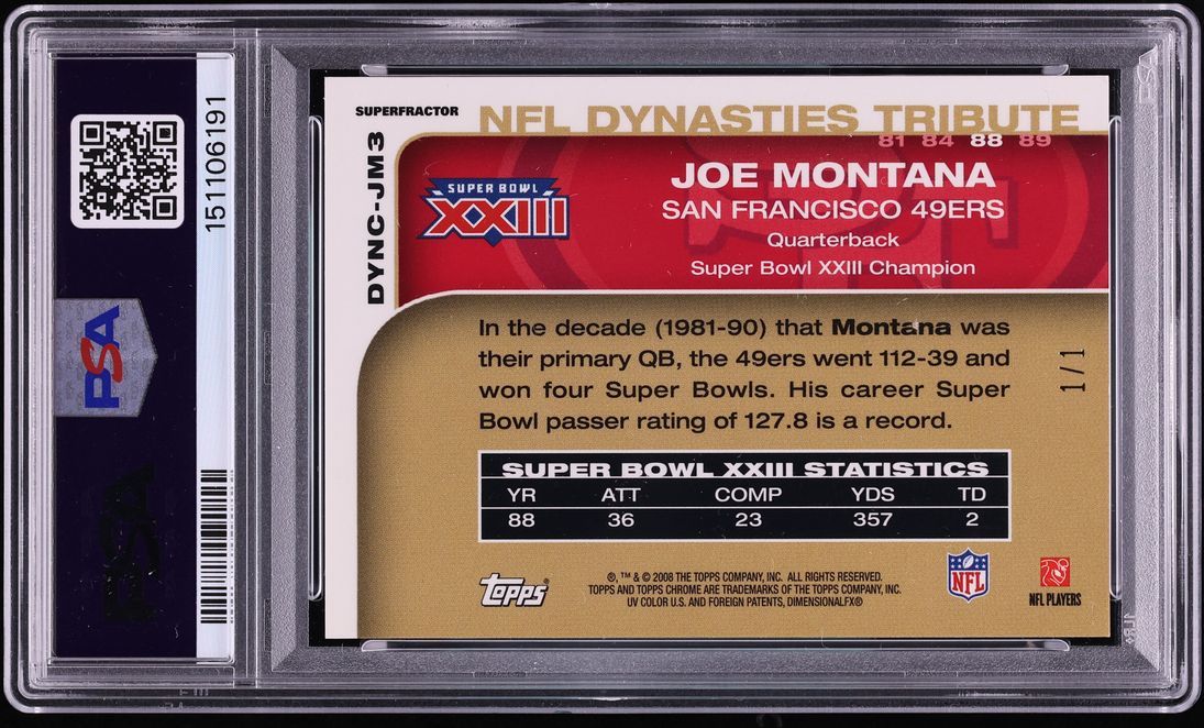 2008 Topps Chrome Dynasties Superfractor Joe Montana 1/1 #DYNC-JM3 PSA 9 MINT - Photo 2
