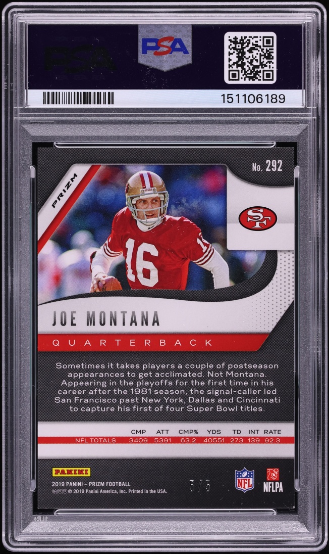 2019 Panini Prizm Gold Vinyl Joe Montana 5/5 #292 PSA 9 MINT - Photo 2