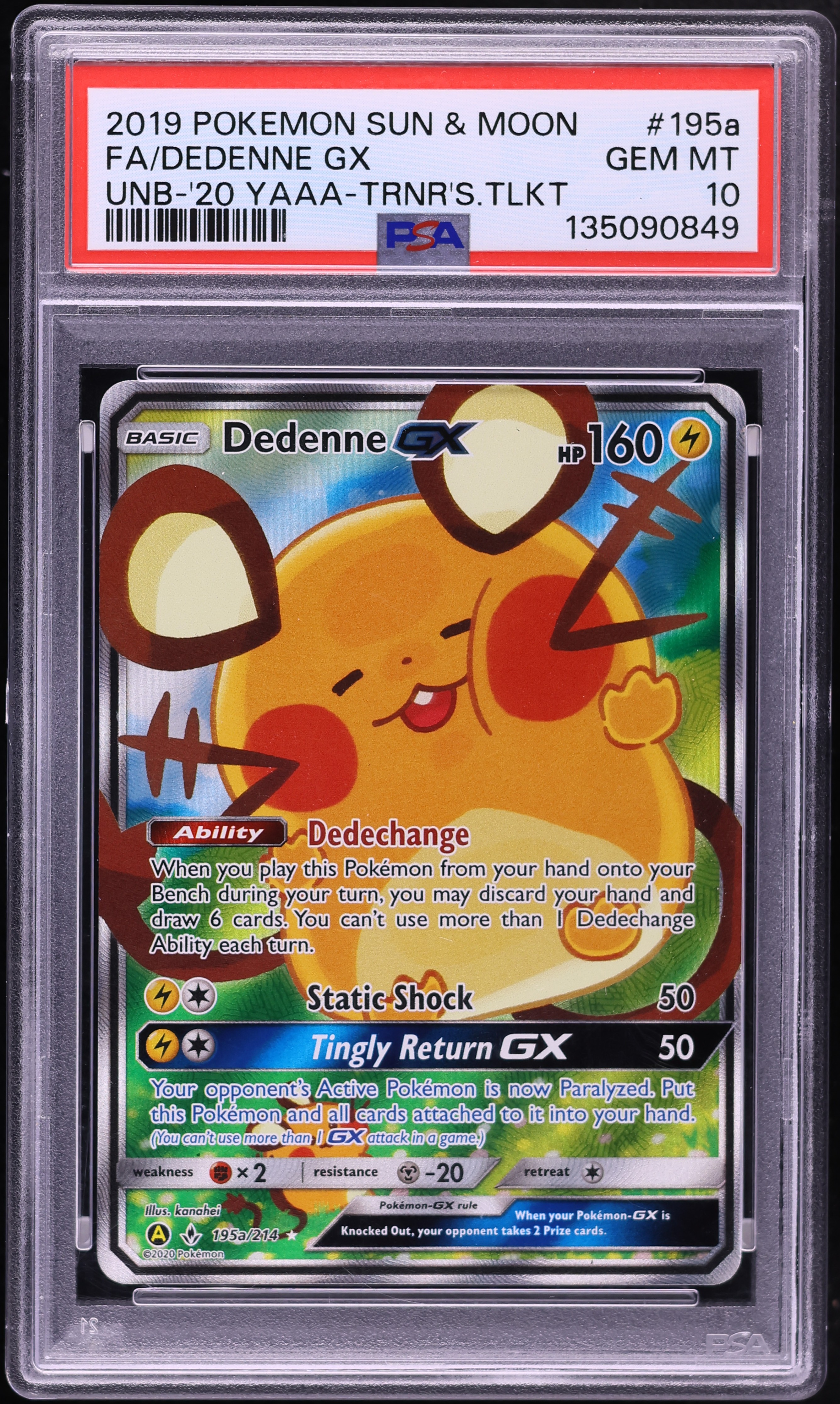 2020 Pokemon Sun & Moon Unbroken Bonds Trainer's Toolkit Full Art Dedenne GX #195a PSA 10 GEM