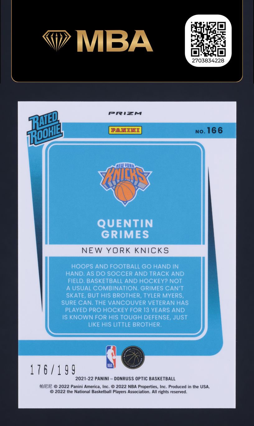 2021 Donruss Optic Orange Quentin Grimes ROOKIE /199 #166 MBA AUTH