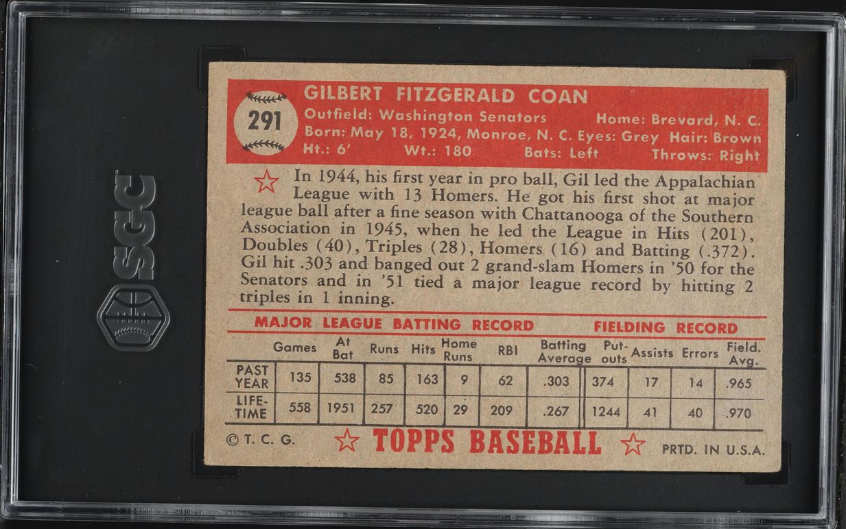 1952 Topps Gil Coan #291 SGC 4 VGEX
