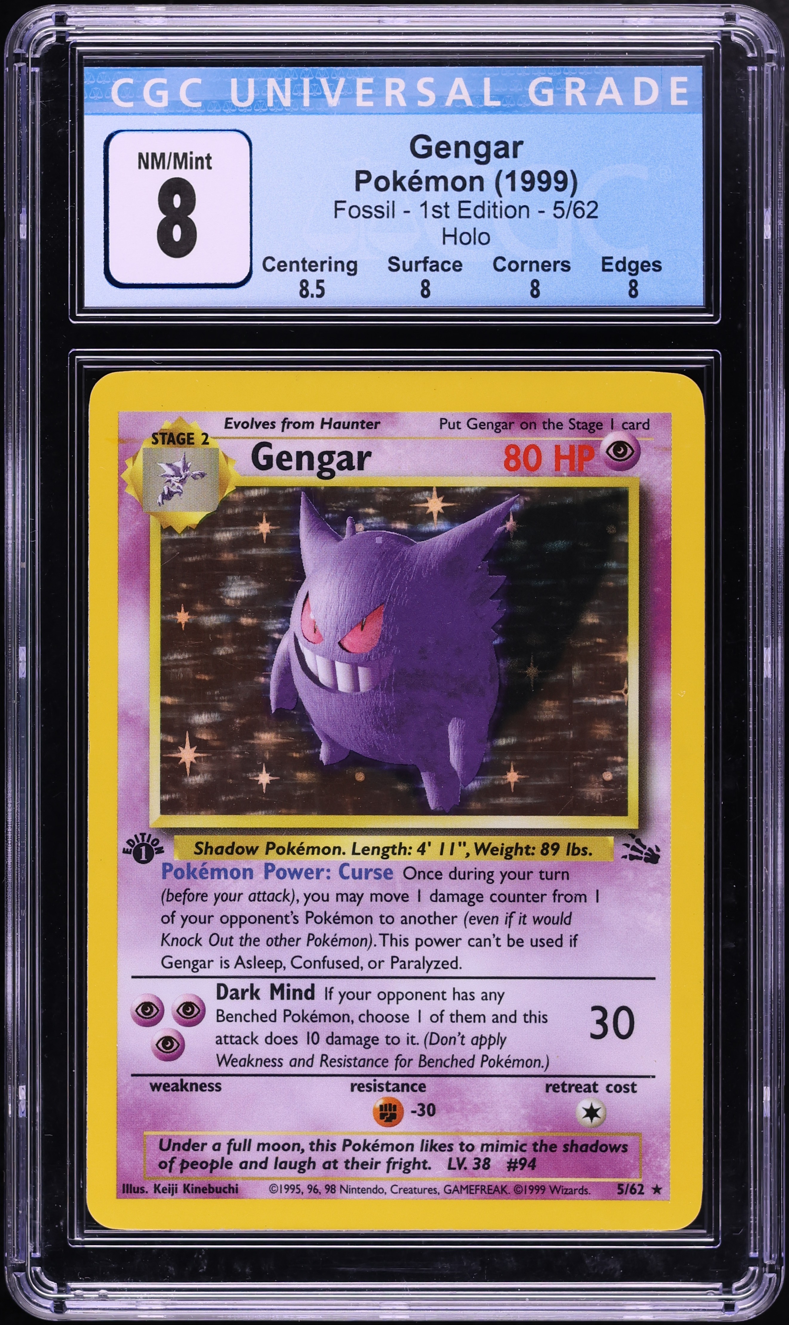 1999 Pokemon Fossil 1st Edition Holo Gengar #5 CGC 8 NM-MT