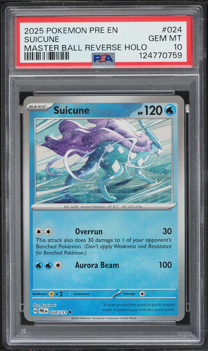 2025 Pokemon SV Prismatic Evolutions Master Ball Reverse Holo Suicune #24 PSA 10 GEM MINT