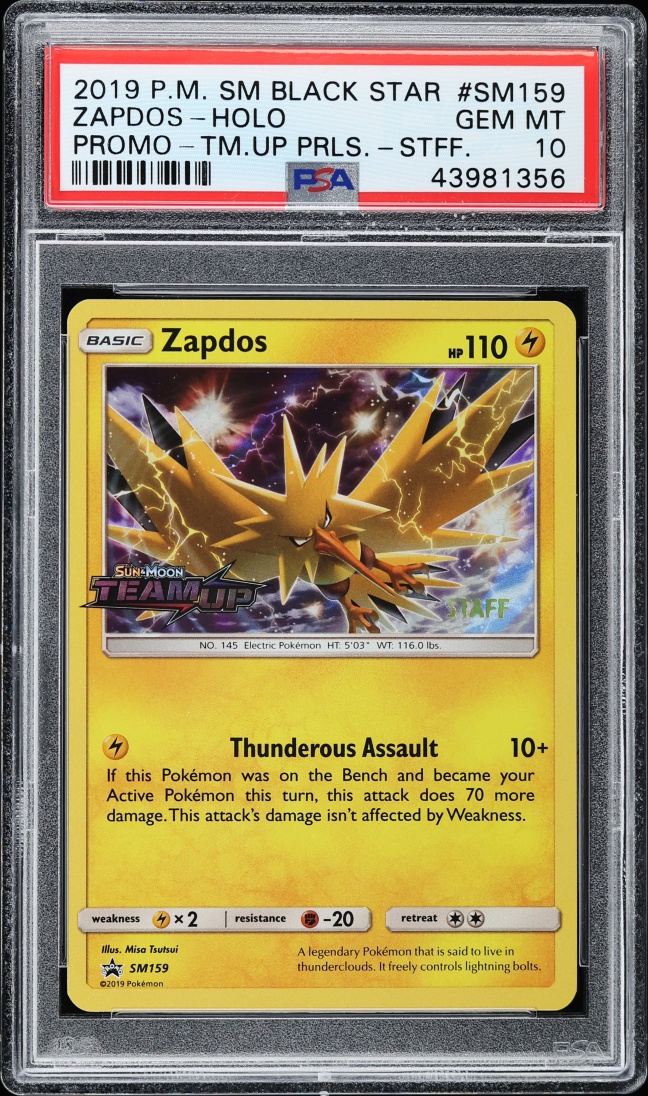2019 Pokemon Sun & Moon Promo Team Up Prerelease Staff Holo Zapdos #SM159 PSA 10 GEM MINT