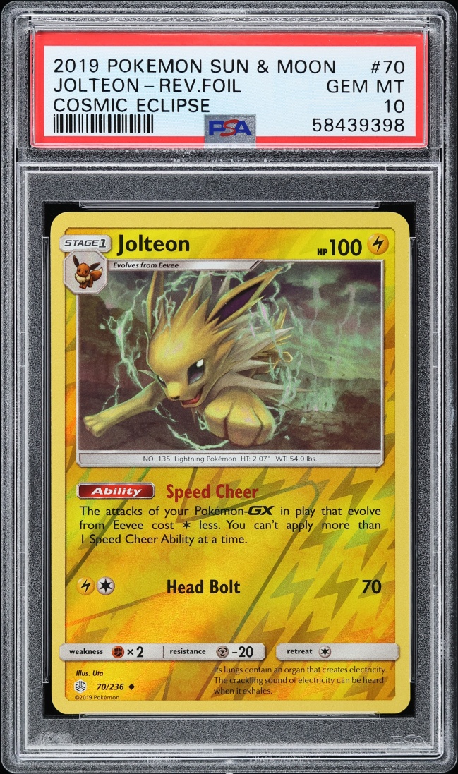 2019 Pokemon Sun & Moon Cosmic Eclipse Reverse Holo Jolteon #70 PSA 10 GEM MINT