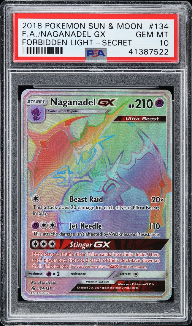 2018 Pokemon Sun & Moon Forbidden Light Rainbow Rare Naganadel GX #134 PSA 10 GEM MINT