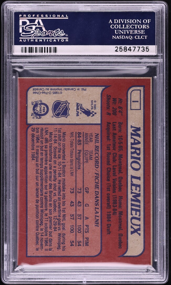 1985 O-Pee-Chee Hockey Box Bottoms Mario Lemieux ROOKIE #I PSA 7 NRMT