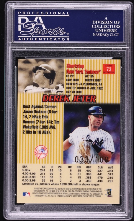 1999 Bowman's Best Atomic Refractor Derek Jeter /100 #73 PSA 10 GEM MINT