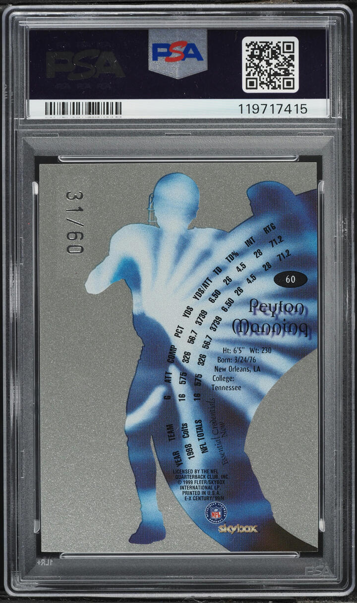 1999 Skybox E-X Century Essential Credentials Now Peyton Manning /60 #60 PSA 8 NM-MT - Photo 2