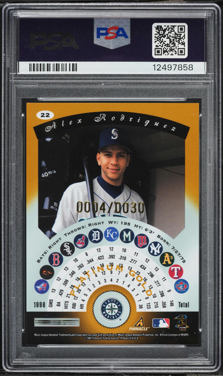 1997 Pinnacle Totally Certified Platinum Gold w/ Coating Alex Rodriguez /30 #22 PSA 10 GEM MINT - Photo 2