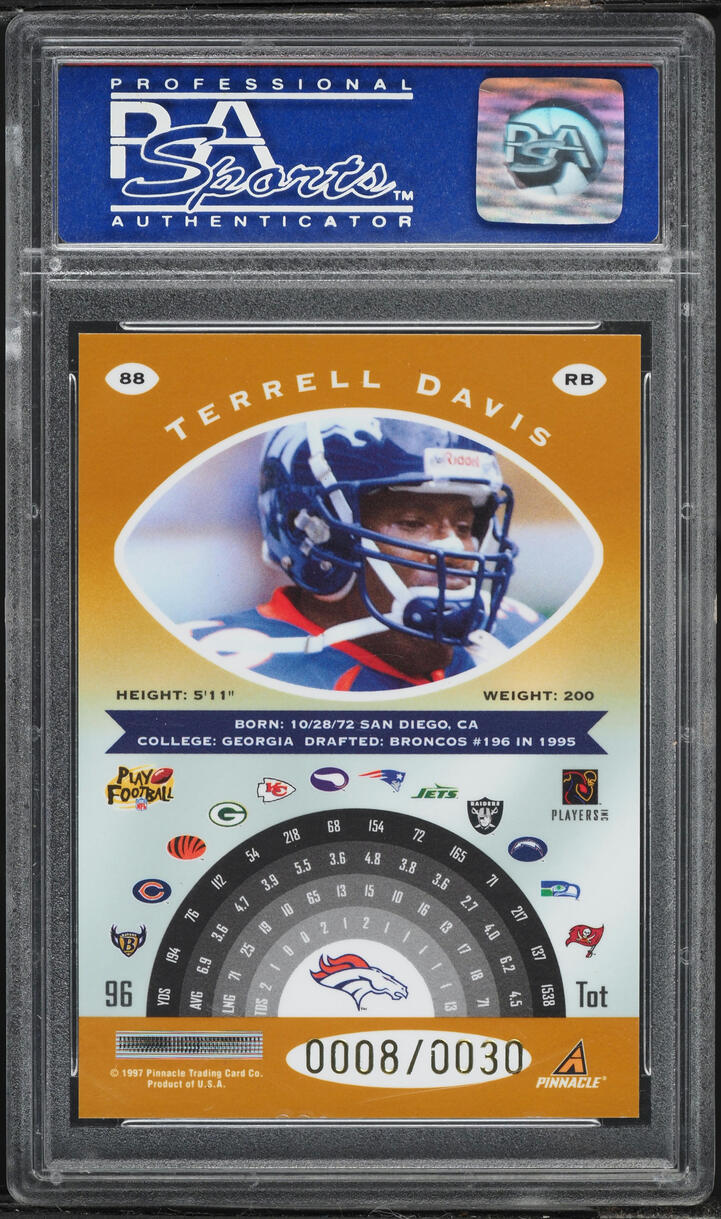 1997 Pinnacle Totally Certified Platinum Gold w/ Coating Terrell Davis /30 #88 PSA 9 MINT - Photo 2