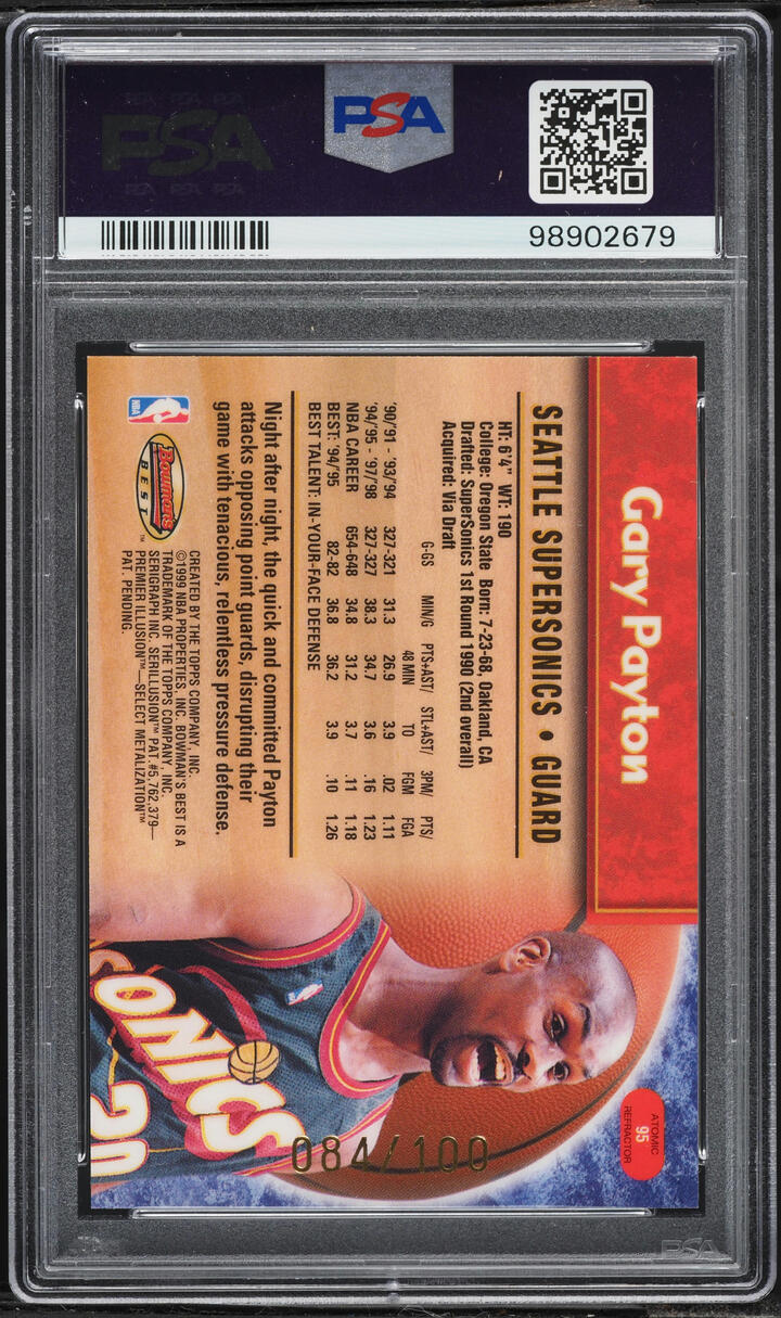 1998 Bowman's Best Atomic Refractor Gary Payton /100 #95 PSA 9 MINT - Photo 2