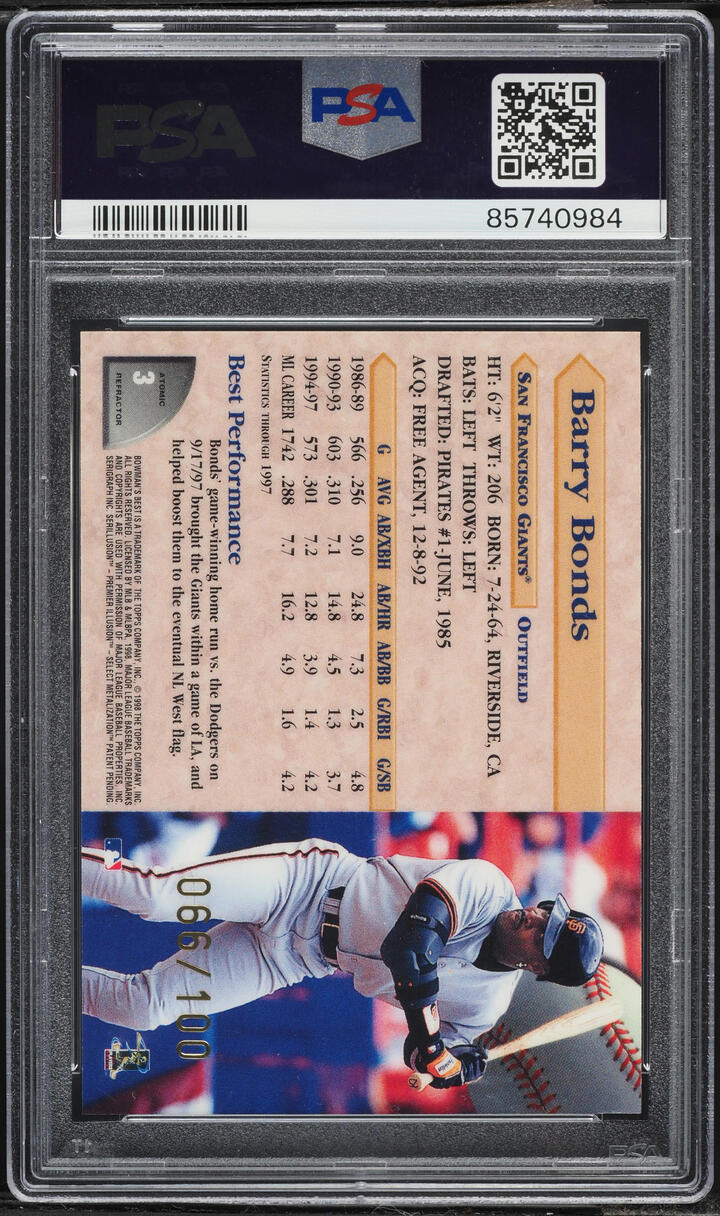 1998 Bowman's Best Atomic Refractor Barry Bonds /100 #3 PSA 9 MINT - Photo 2