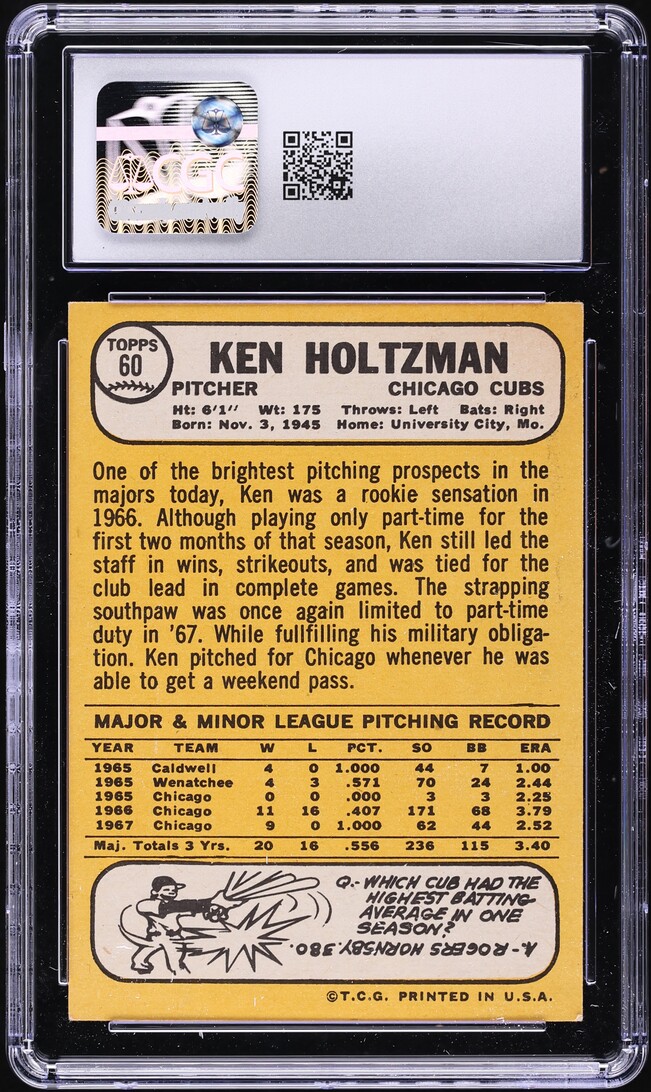 1968 Topps Ken Holtzman #60 CGC 4 VGEX
