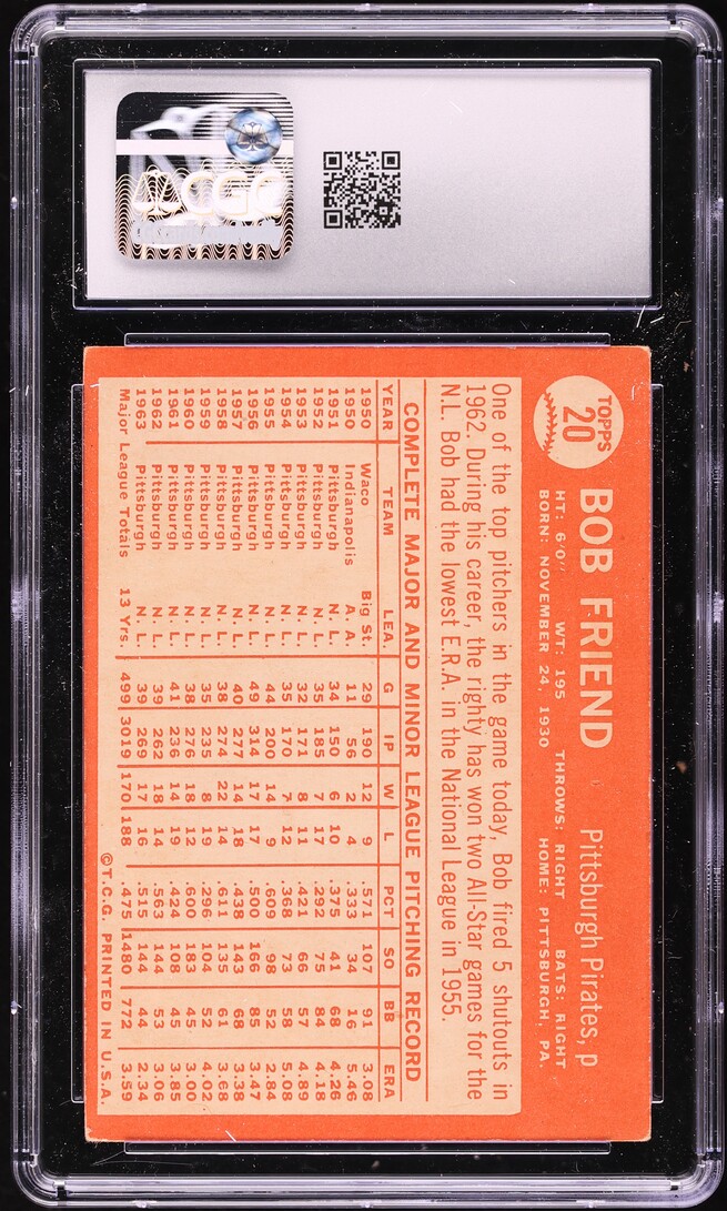1964 Topps Bob Friend #20 CGC 4 VGEX