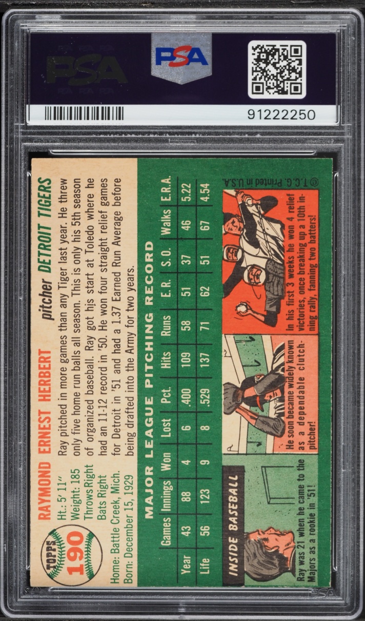 1954 Topps Ray Herbert #190 PSA 8 NM-MT
