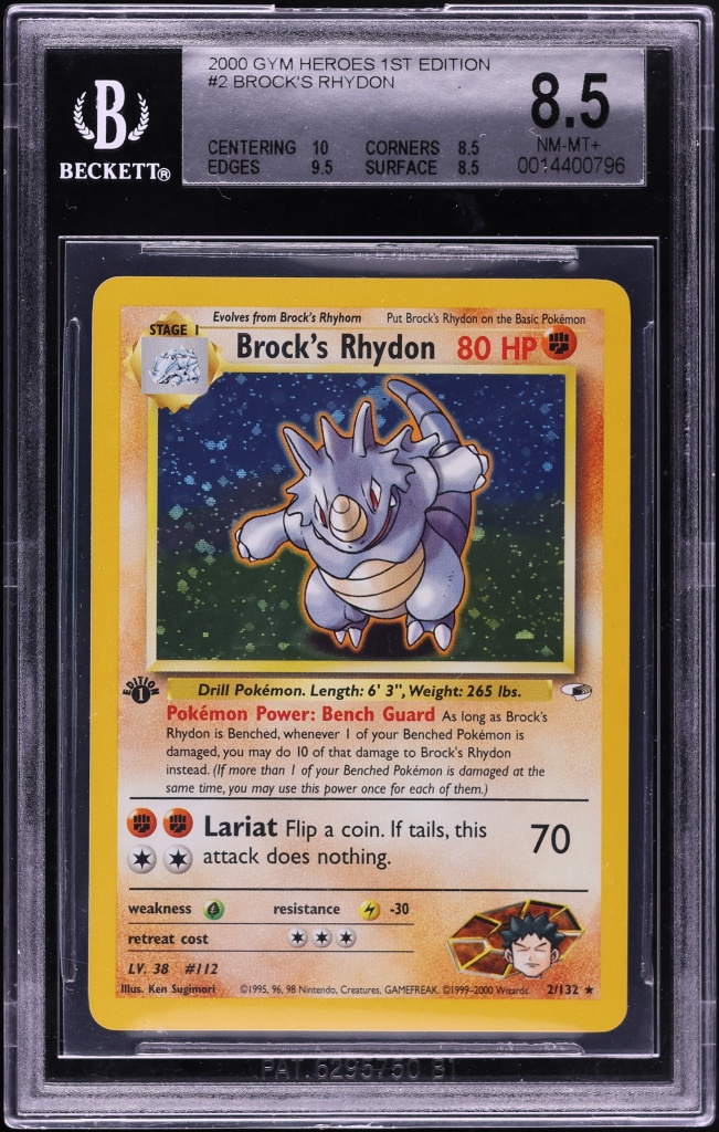 2000 Pokemon Gym Heroes 1st Edition Holo Brock's Rhydon #2 BGS 8.5 NM-MT+