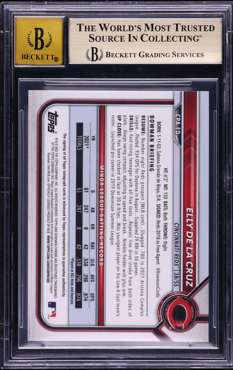 2022 Bowman Chrome Orange Refractor Elly De La Cruz PROSPECT AUTO /25 BGS 10