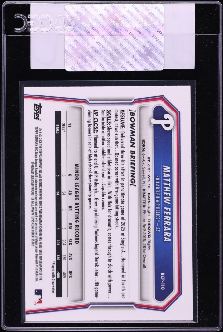 2026 Bowman Chrome Yellow Refractor Matthew Ferrara PROSPECT /75 #BCP-110 CGC AUTH