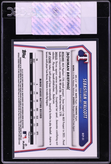 2026 Bowman Chrome Gold Refractor Sebastian Walcott PROSPECT 50/50 #BCP-51 CGC AUTH