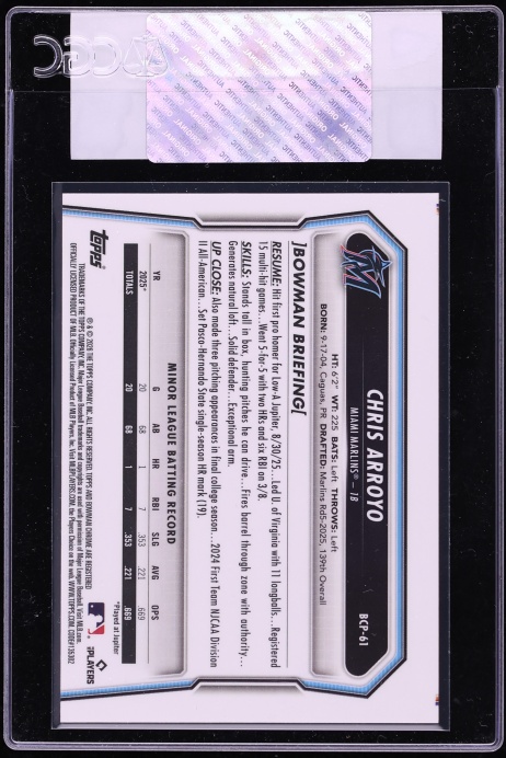 2026 Bowman Chrome Reptilian Refractor Chris Arroyo PROSPECT #BCP-61 CGC AUTH