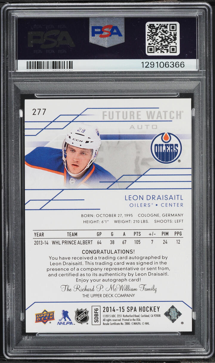 2014 SP Authentic Future Watch Leon Draisaitl ROOKIE AUTO /999 #277 PSA 8 NM-MT - Photo 2