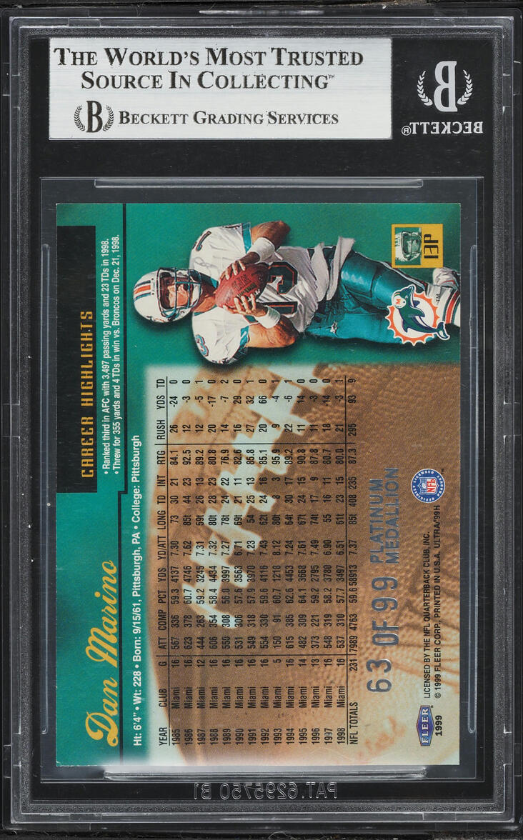 1999 Ultra Platinum Medallion Dan Marino /99 #13 BGS 8.5 NM-MT+ - Photo 2