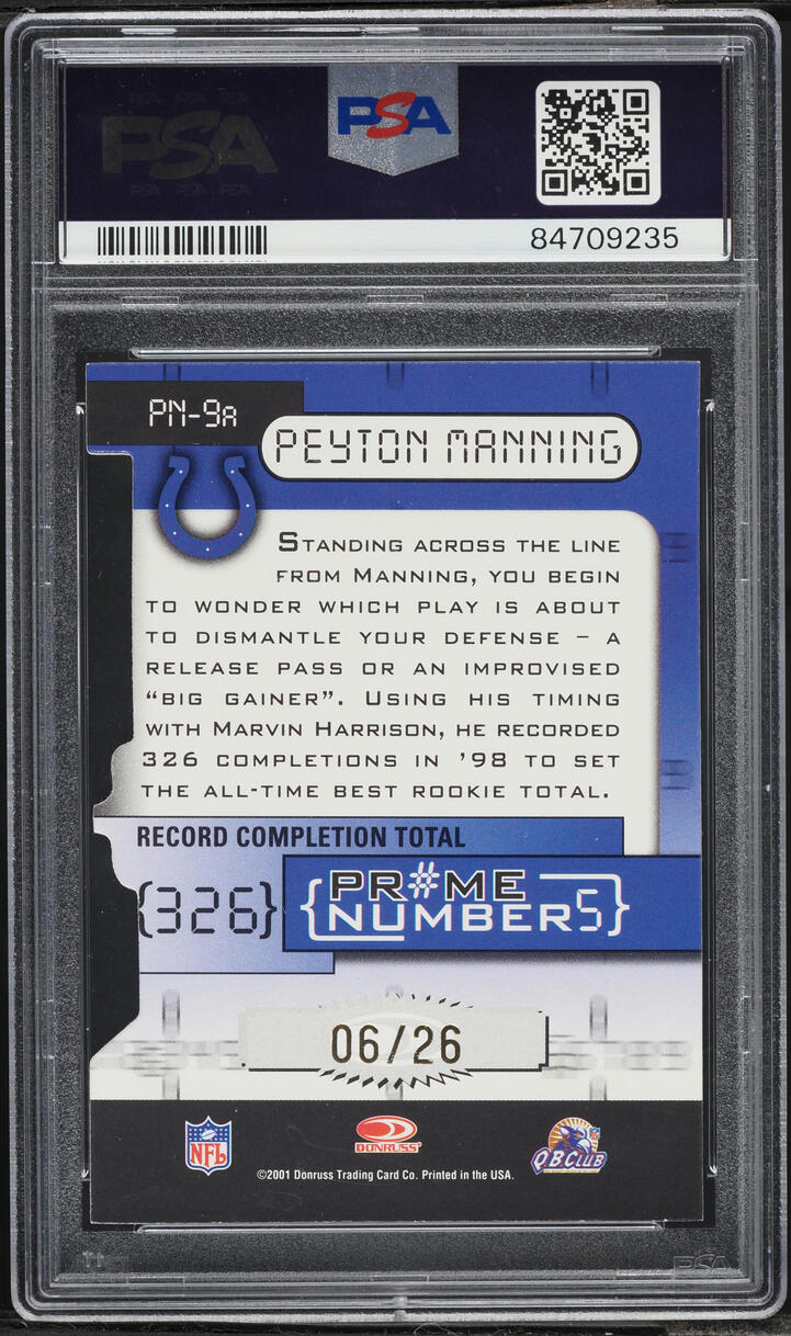 2001 Donruss Elite Prime Numbers Die-Cut Peyton Manning /26 #9A PSA 8 NM-MT - Photo 2