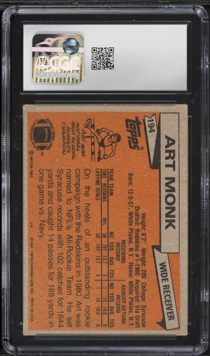1981 Topps Football Art Monk ROOKIE #194 CGC 4.5 VGEX+